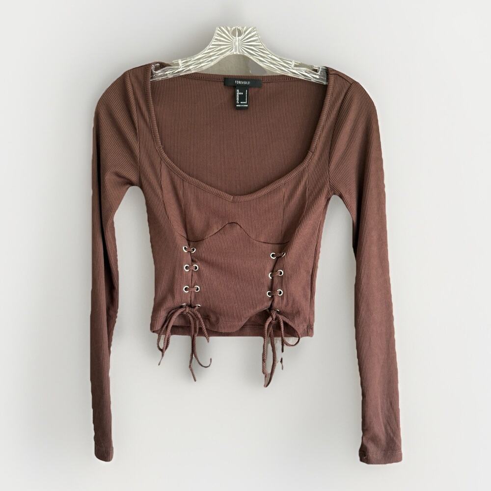 Vintage-Inspired Forever 21 Brown Ribbed Lace-Up Long Sleeve Crop Top Size Small